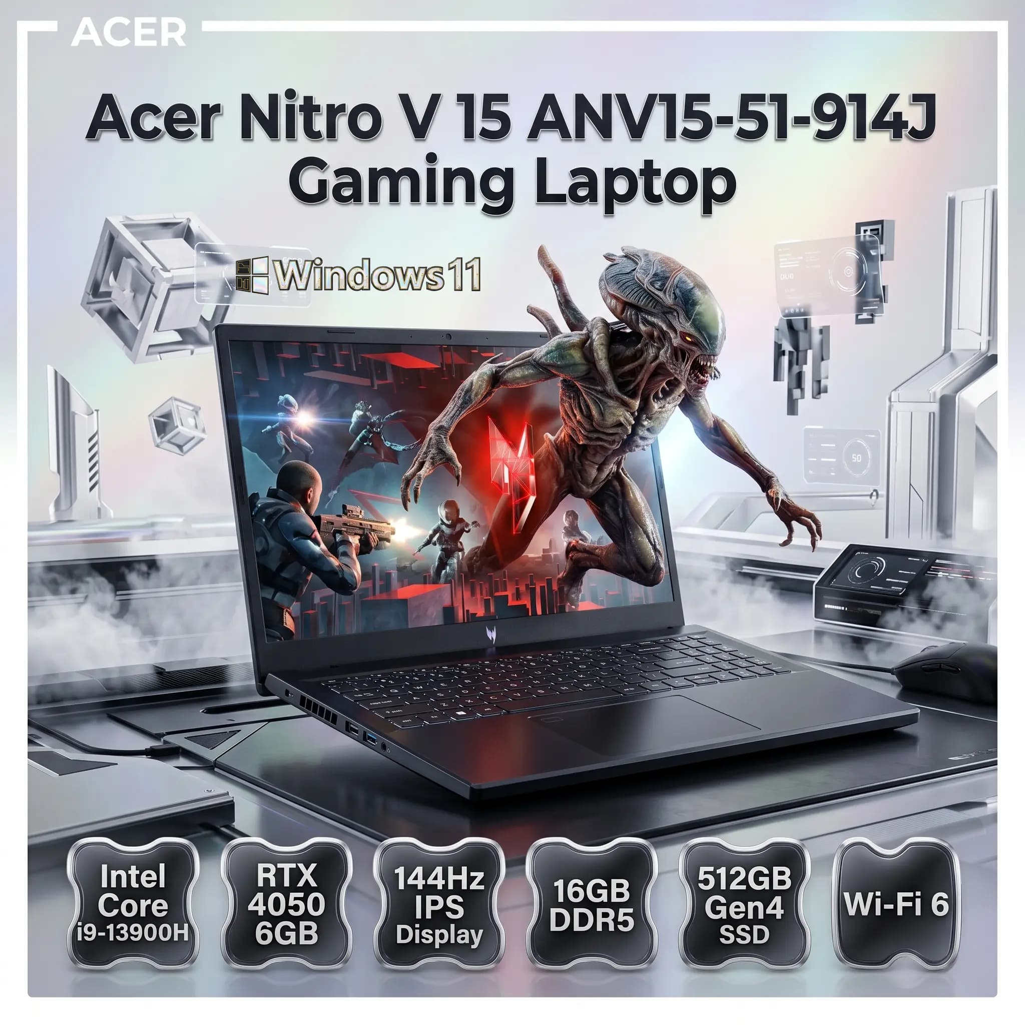 ACER Nitro V 15 Intel Core i9-13900H | 16GB DDR5 RAM | 512GB NVMe SSD | RTX 4050, 6GB | 15.6” FHD IPS Display at 144Hz