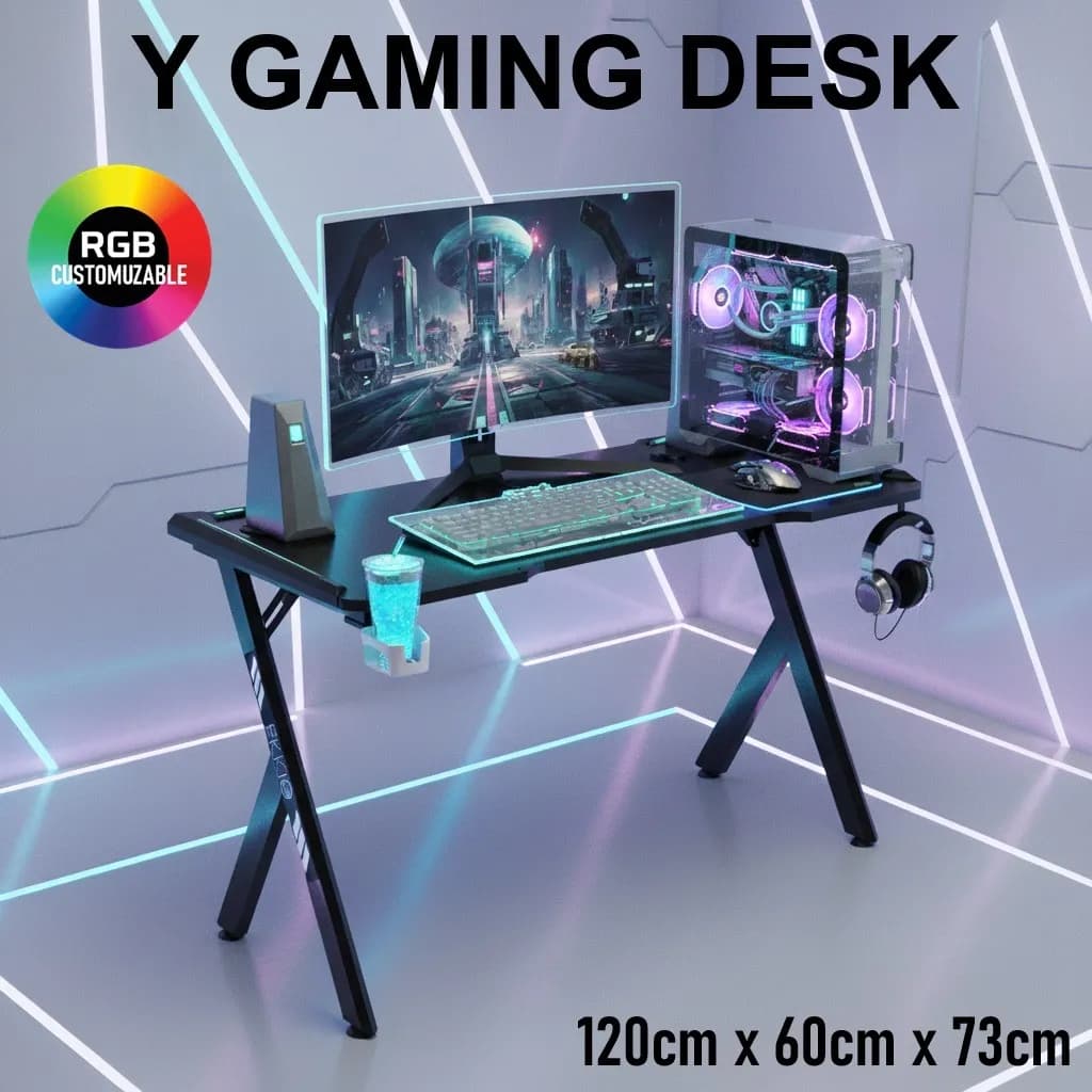 Gaming Desk With Y-Shaped Legs, RGB Lighting With 9 Modes, Carbon Fiber Texture Surface, 120Γ60 cm Space, Headphone & Cup... (AK-22181)