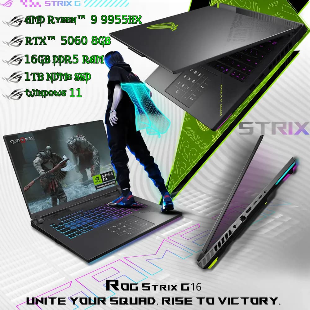 ASUS ROG Strix G16 AMD Ryzen 9 9955HX | 16GB DDR5 RAM; 1TB NVMe SSD | RTX 5060 8GB GDDR7 | 16 inch WUXGA 165Hz IPS Display