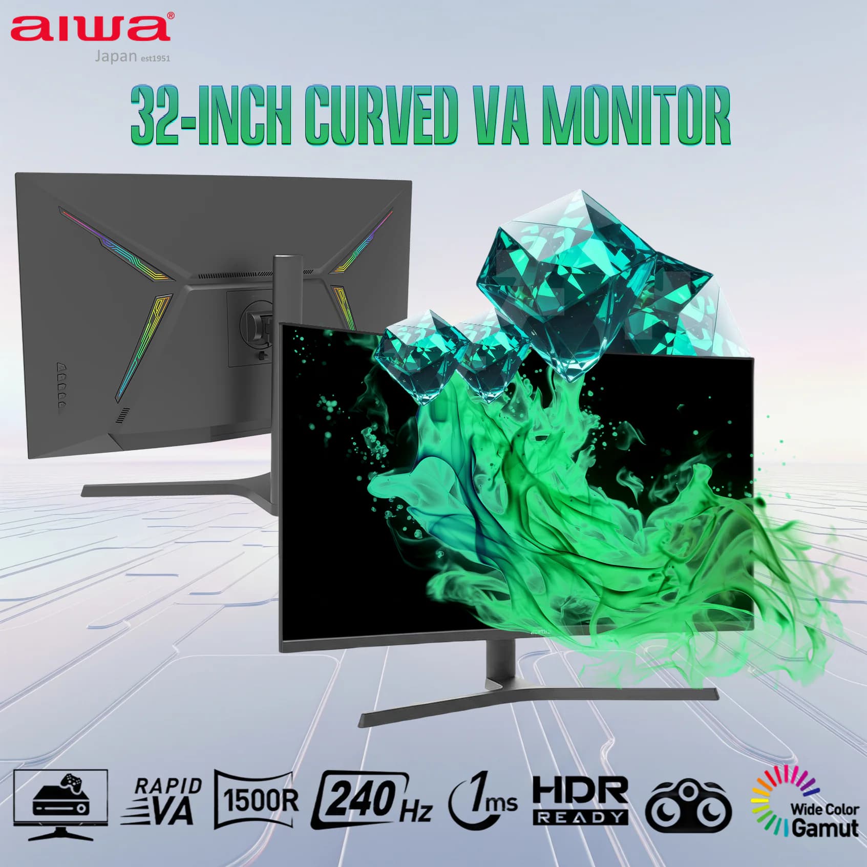 Aiwa 32-Inch Curved VA Monitor, FHD 1920×1080, 240Hz Refresh Rate, 1ms Response, HDR Ready