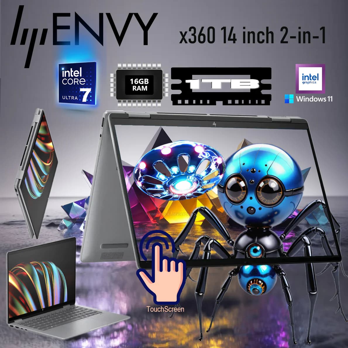 HP ENVY x360 14 inch 2-in-1 Intel Core Ultra 7 155U | 16GB DDR5 RAM, 1TB NVMe SSD | 14” WUXGA IPS Touchscreen | Backlit Keyboard