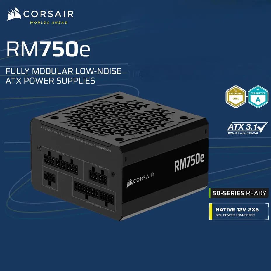 Corsair RM750e RMe Series 750W Fully Modular ATX3.1 Power Supply, 80 PLUS Gold, Native 12V-2ร6 Cable, ATX 3.1 & PCIe 5.1 Ready,...