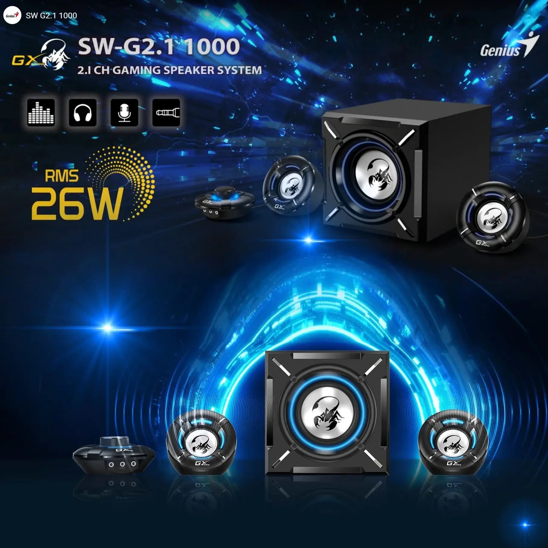 Genius SW-G2.1 1000 2.1 Channel Gaming Speaker System, 26-Watt Power, Adjustable Bass, Blue LED Lights