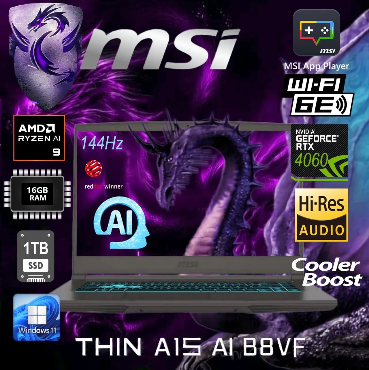 MSI Thin A15 AI B8VF-270US AMD Ryzen 9 8945HS with AMD XDNA | 16GB DDR5 RAM; 1TB NVMe SSD | 15.6″ IPS FHD Display 144Hz