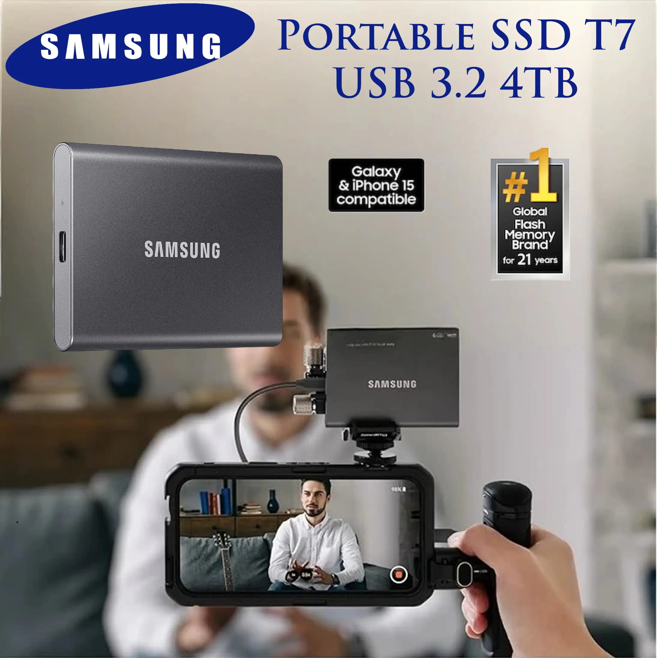 SAMSUNG T7 Portable SSD, 4TB External Solid State Drive, Speeds Up to 1,050MB/s, USB 3.2 Gen 2, Reliable Storage for Gaming,...