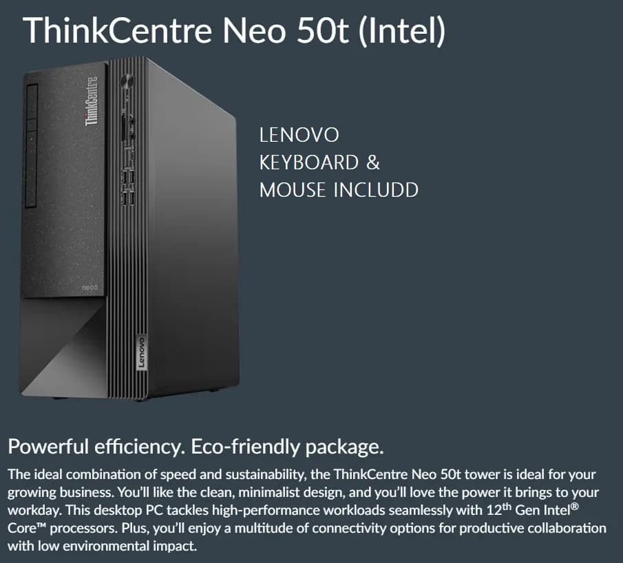 Lenovo ThinkCentre Neo 50t Desktop Computer, Intel Core i3-12100 Processor, 8GB RAM, 1TB HDD, Intel UHD Graphics 730