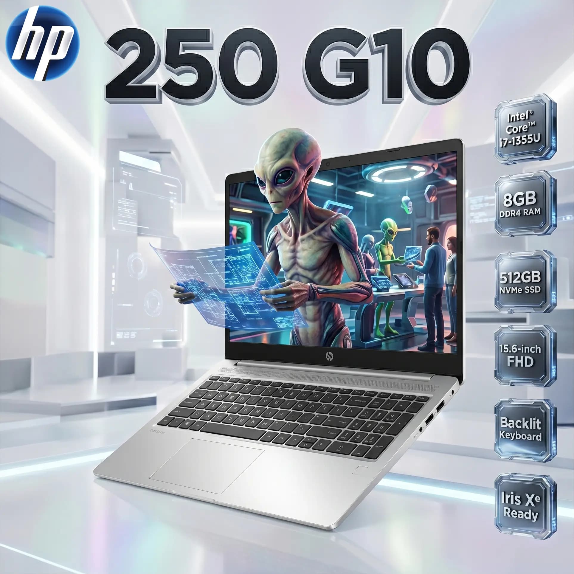 HP 250 G10: Intel Core i7-1355U | 8GB DDR4 RAM; 512GB NVMe SSD | UHD Graphics | 15.6-inch FHD Display | DOS | Turbo silver