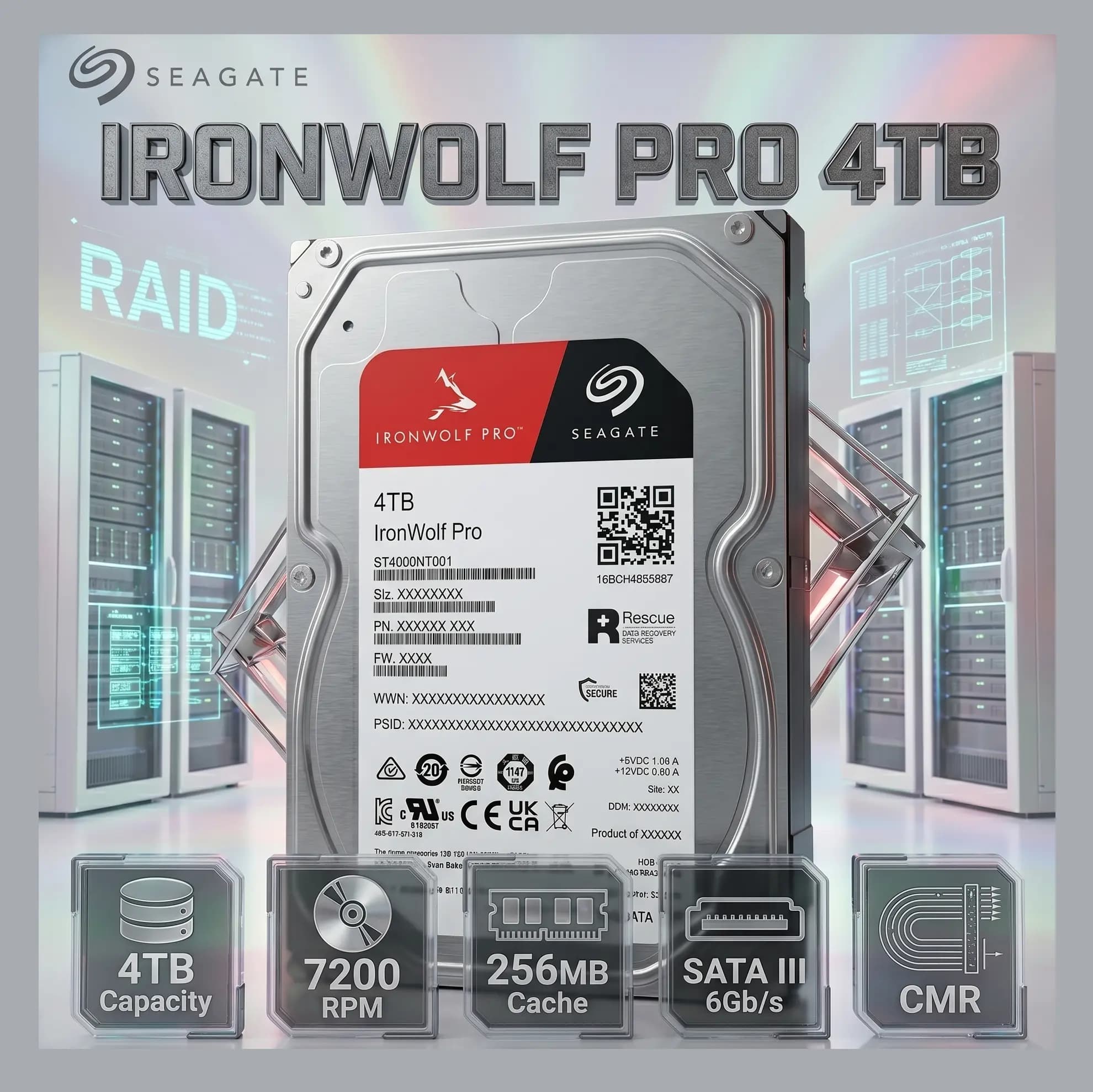 Seagate IronWolf Pro 4TB Enterprise NAS HDD, 3.5โ SATA III, 7200RPM, 256MB Cache, CMR RAID Storage Drive, AgileArray, RV... (AK-02599-PK8N)