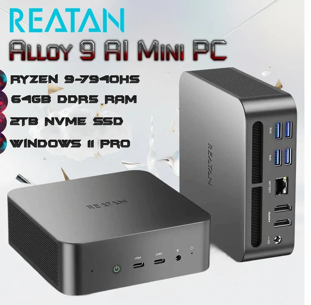 REATAN Alloy 9 AI Mini PC With AMD Ryzen 9 7940HS | 64GB DDR5 5600MHz RAM, 2TB PCIe 4.0 NVMe SSD | Radeon 780M | WiFi 6E