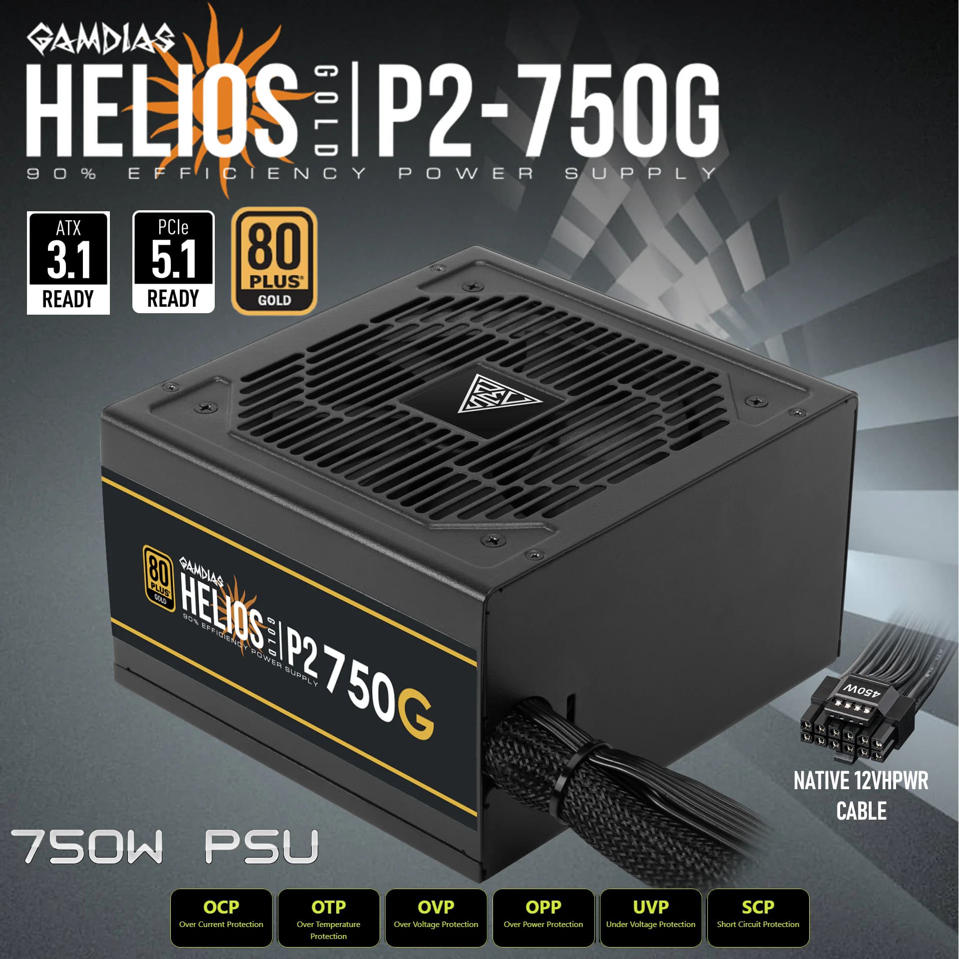 GAMDIAS HELIOS P2-750G 750W 80 Plus Gold PSU, ATX 3.1, PCIe Gen 5.1 Ready, 12VHPWR Cable, 120mm Hydraulic Fan, Heavy-Duty...