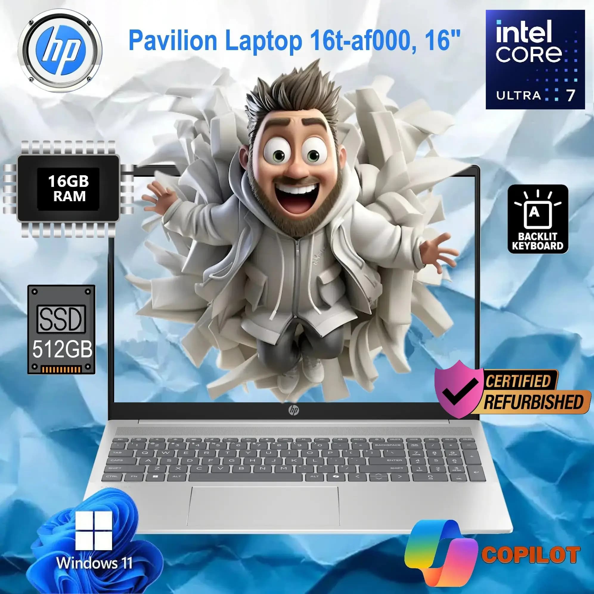 HP Pavilion Laptop 16t-af000 Intel Core Ultra 7 155U | 16GB DDR5 RAM ; 512 NVMe SSD | Intel Graphics | 16″ WUXGA IPS Display