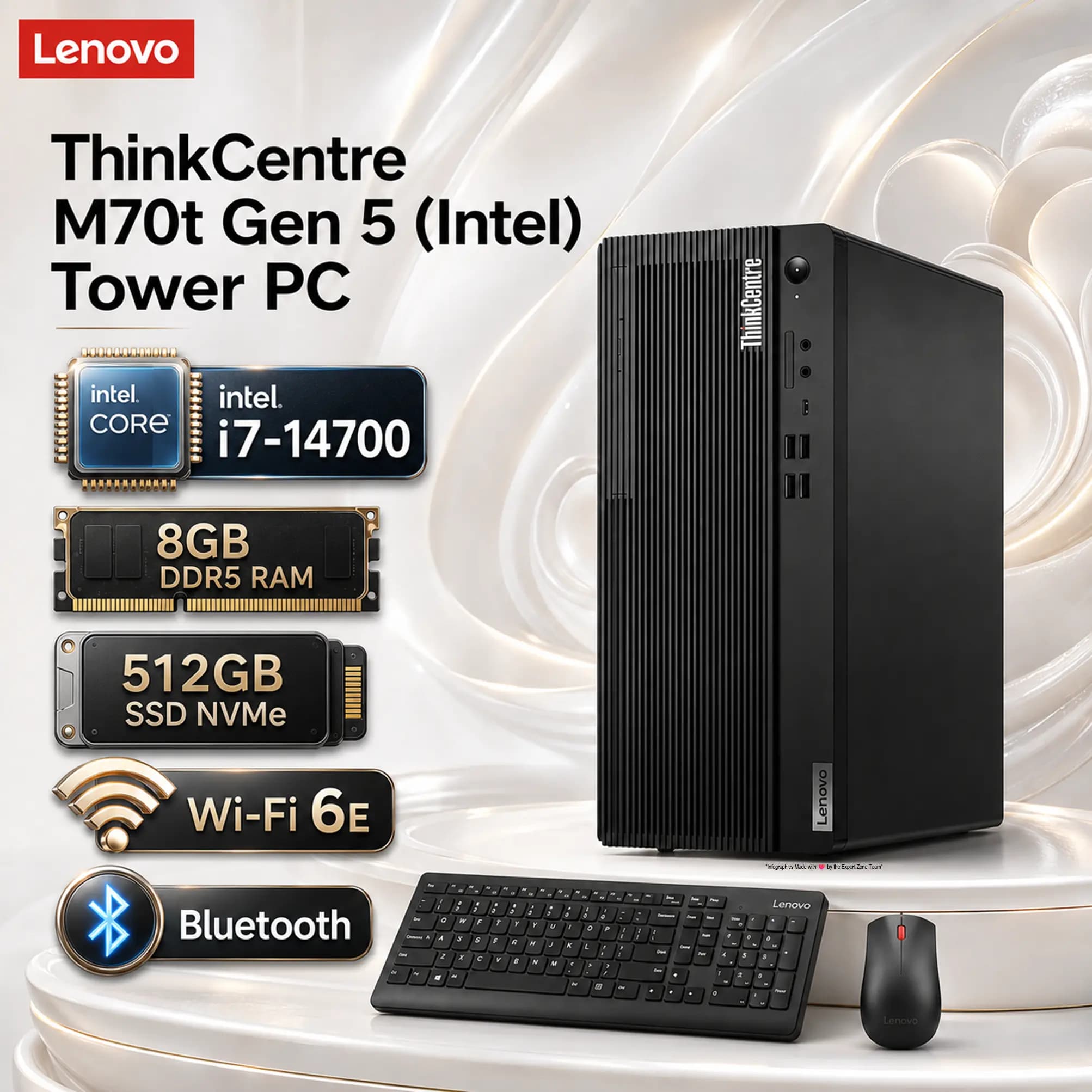 LENOVO ThinkCentre M70t Gen 5 Desktop Intel® Core i7-14700 | 8GB DDR5 RAM; 512 SSD NVMe® | Intel® UHD Graphics 770 | DOS | Intel® vPro® Enterprise | Wi-Fi® 6E + BT5.3 + Ethernet | Wired