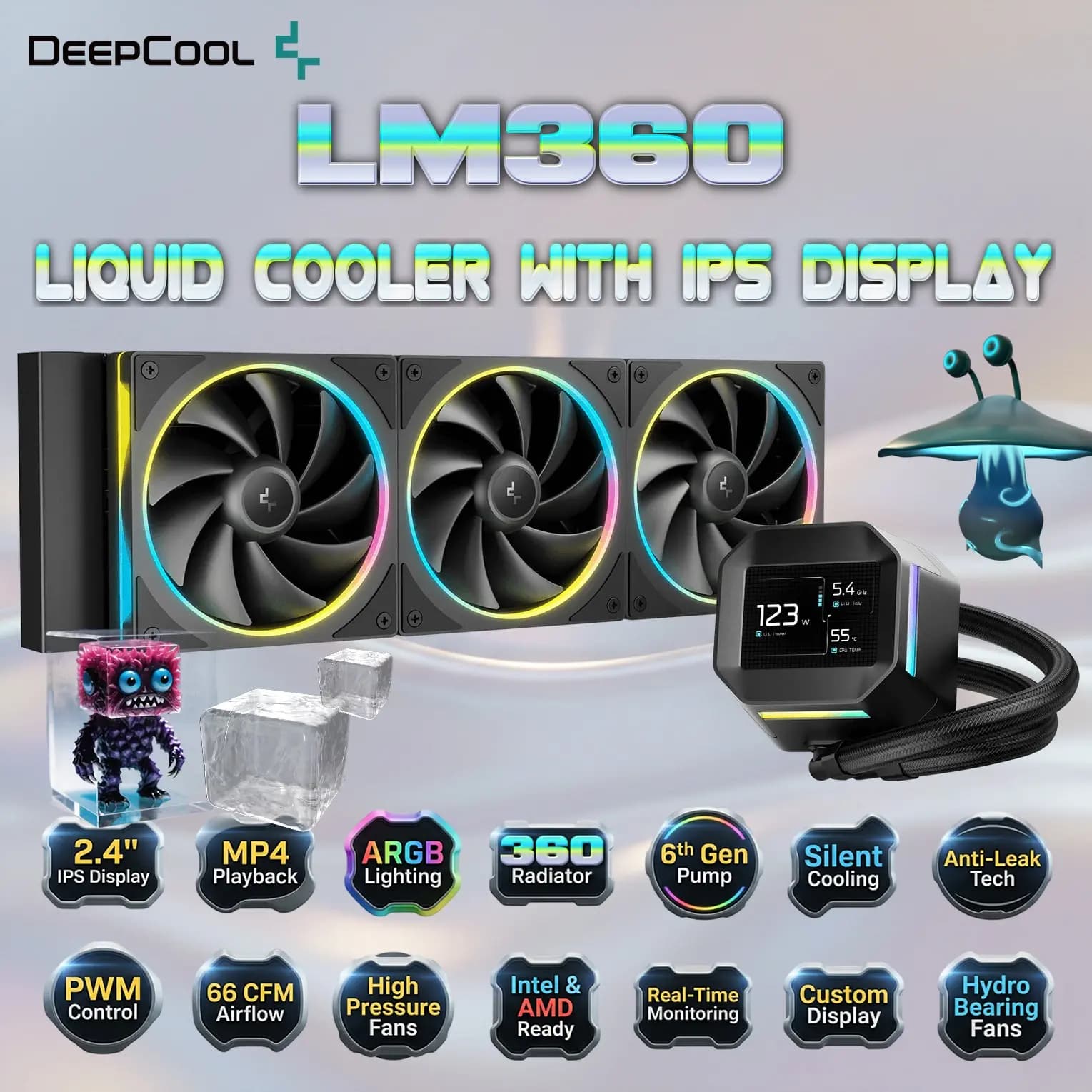 DeepCool LM360 360mm CPU Liquid Cooler with 2.4 Inch IPS Display, ARGB Triple Fans PWM, 6th Gen Pump Anti Leak, Intel LGA1700