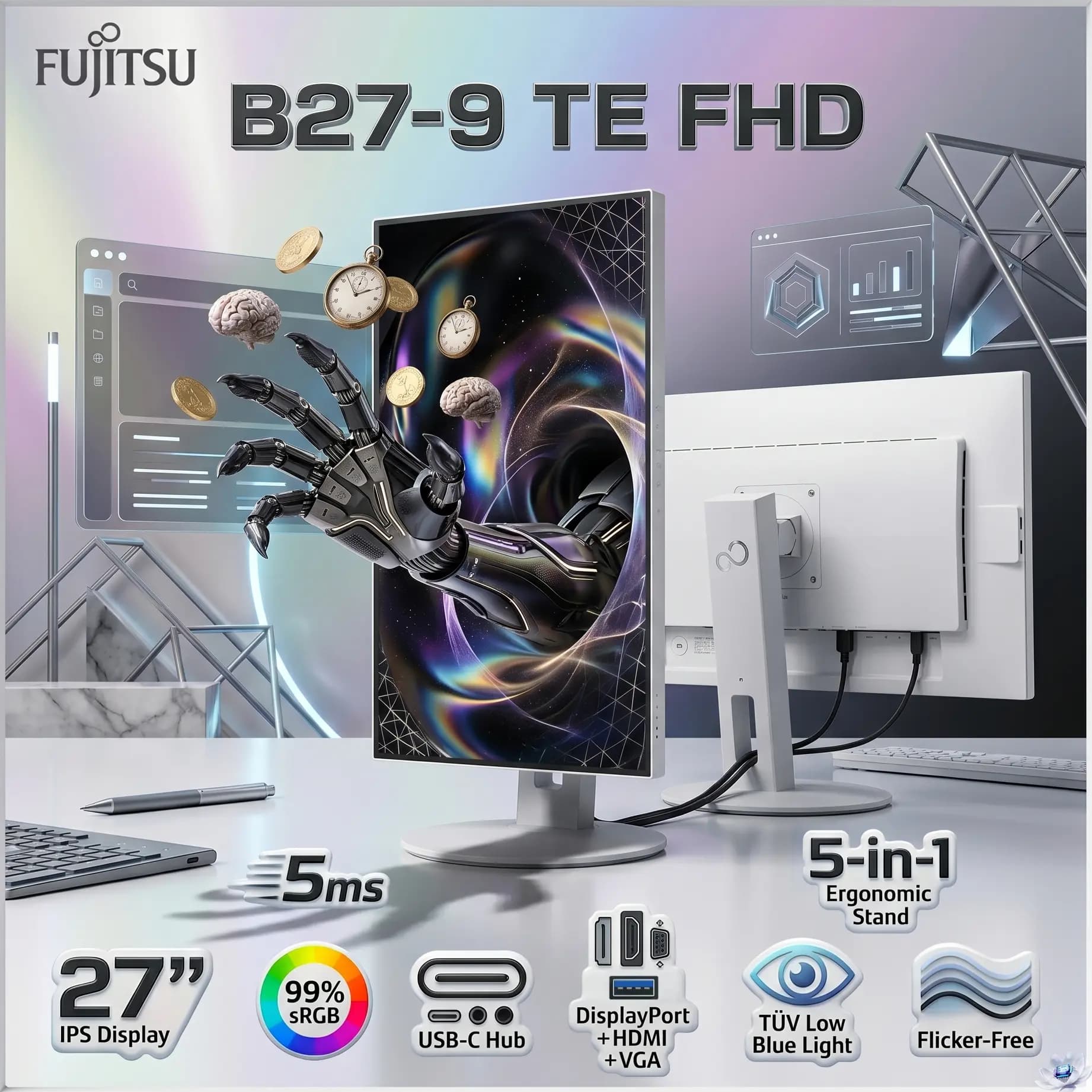 Fujitsu Display B27-9 TE FHD 27-Inch IPS Monitor, 60Hz / 5ms, Full HD 1080p, USB-C Hub, DisplayPort HDMI VGA