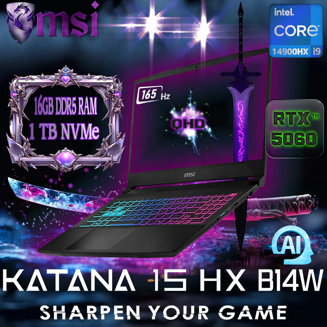 MSI Katana 15 HX B14WFK Intel Core i9-14900HX | 16GB DDR5 RAM; 1TB NVMe SSD | RTX 5060, 8GB | 15.6” QHD 165Hz IPS Display