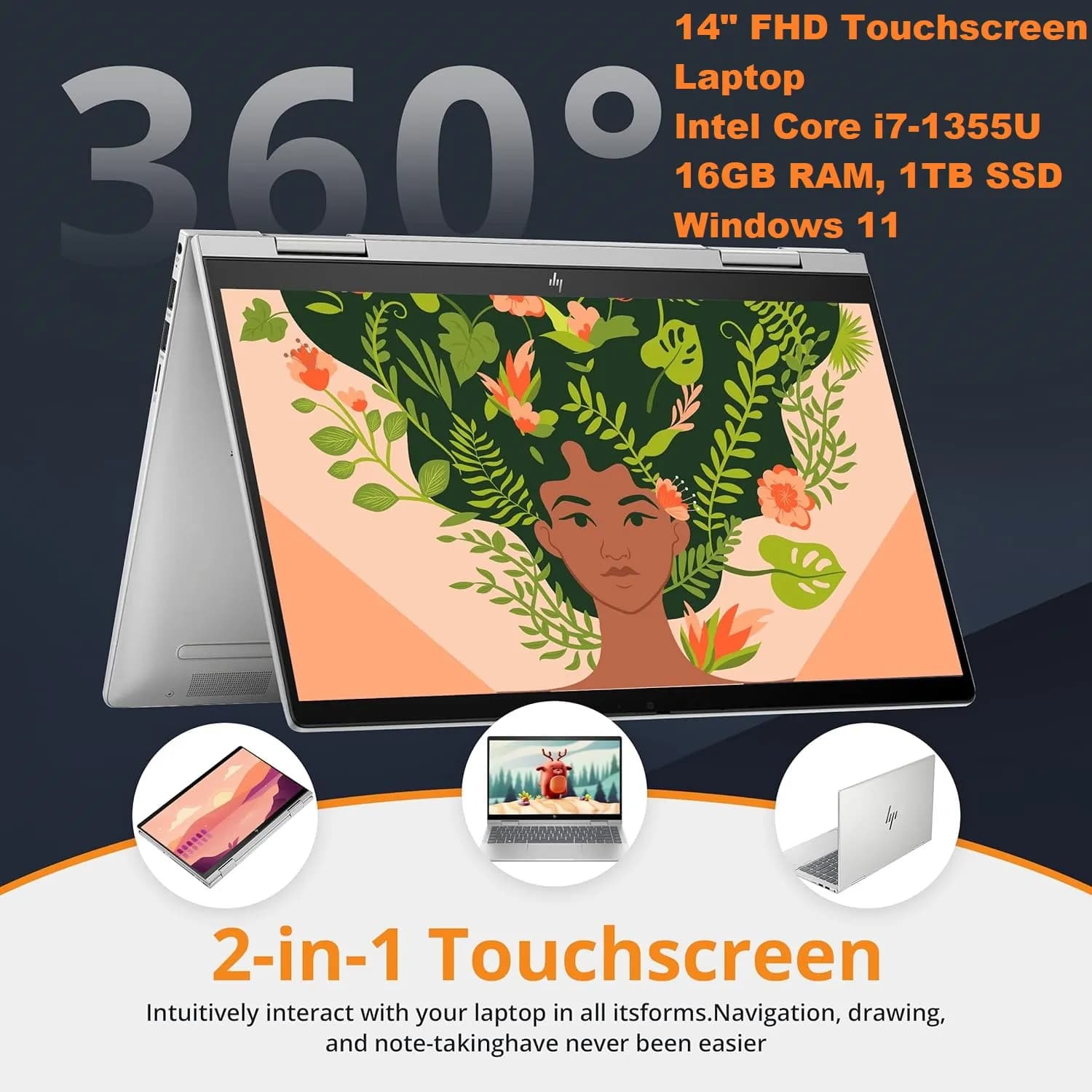 14-ES0XXX HP Envy x360 2 in 1, 14″ FHD IPS Touchscreen Laptop, Intel Core i7-1355U, 16GB RAM, 1TB SSD, Backlit Keyboard, 5MP