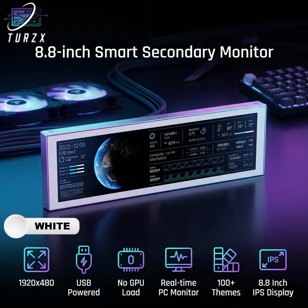 TURZX 8.8 Inch Smart Secondary Monitor 1920ร480 IPS USB Display, Zero GPU Usage, PC Stats Monitoring Screen