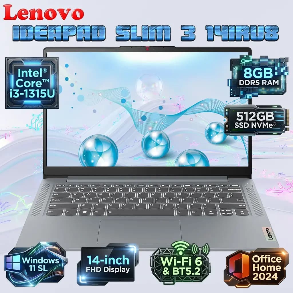 LENOVO IdeaPad Slim 3 14IRU8: Intel Core i3-1315U | 8GB DDR5 RAM; 512GB SSD NVMe | Intel UHD Graphics | 14-inch FHD TN Display
