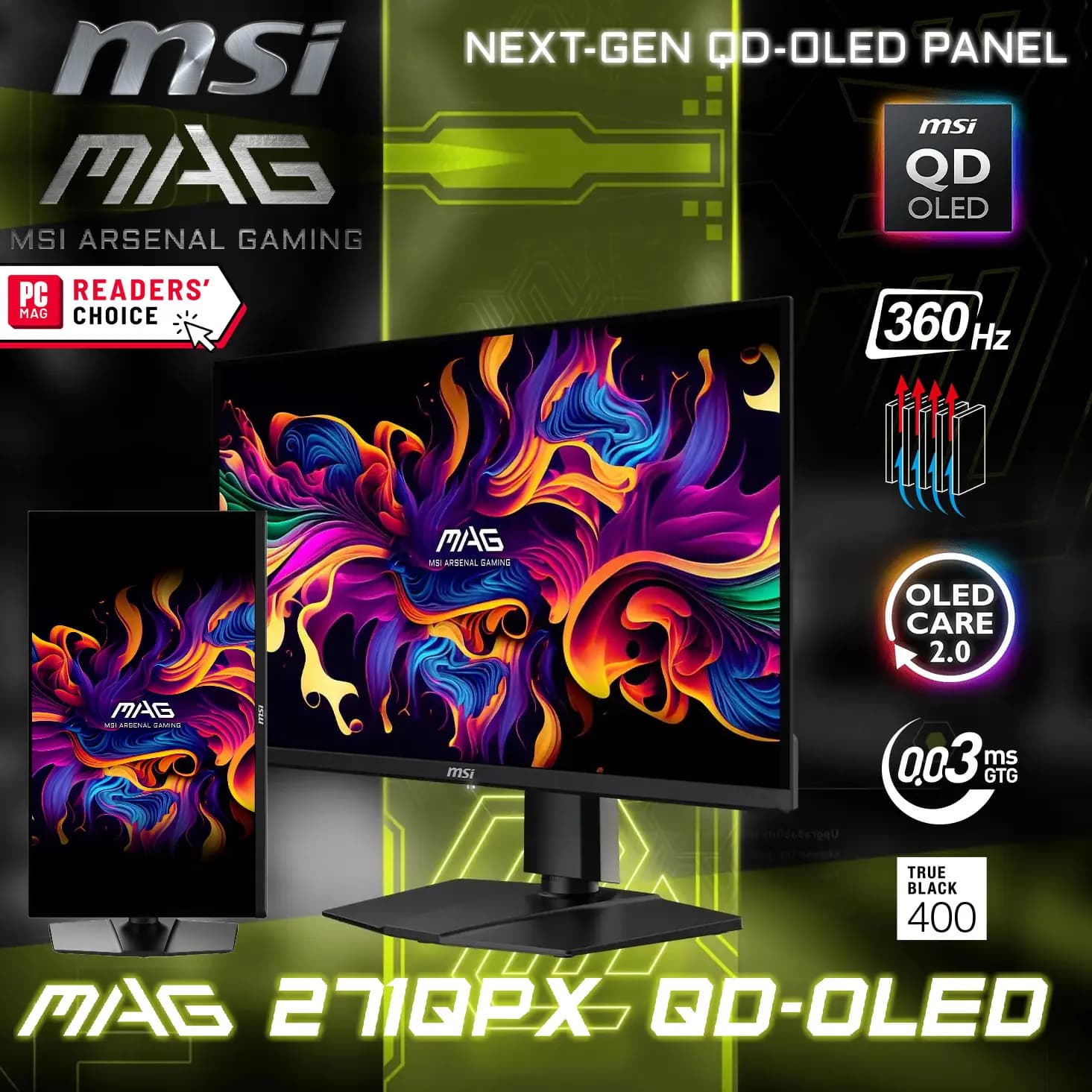 MSI MAG 271QPX QD-OLED Gaming Monitor, 27 inch WQHD Display, 360Hz Refresh Rate, 0.03ms (GtG) Response Time, AdaptiveSync...