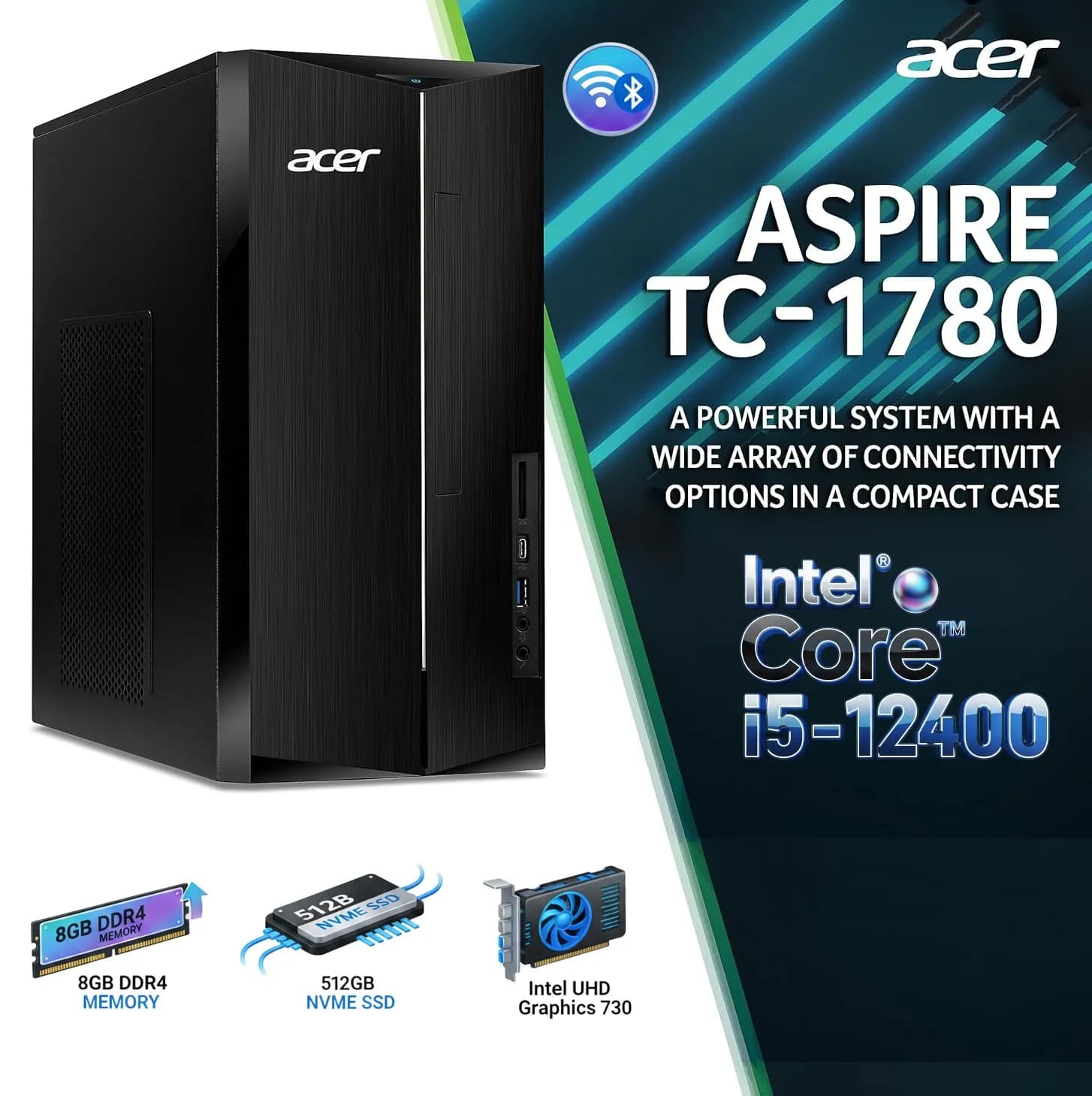 Acer Aspire TC-1760 Desktop: Intel Core i5-12400 | 8GB DDR4 RAM, 512GB NVMe SSD