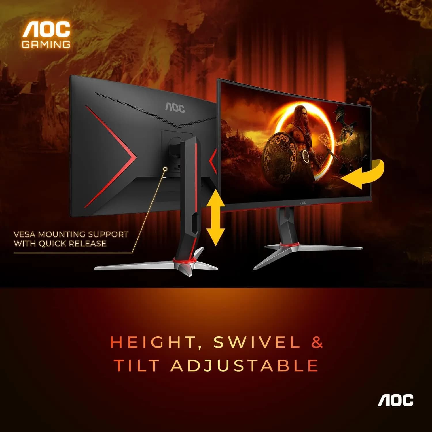 AOC 27″ Curved Frameless Gaming Monitor, FHD 1080p, 0.5ms 280Hz, FreeSync, HDMI/DP/VGA, Height Adjustable, Black, Xbox PS5 Switch