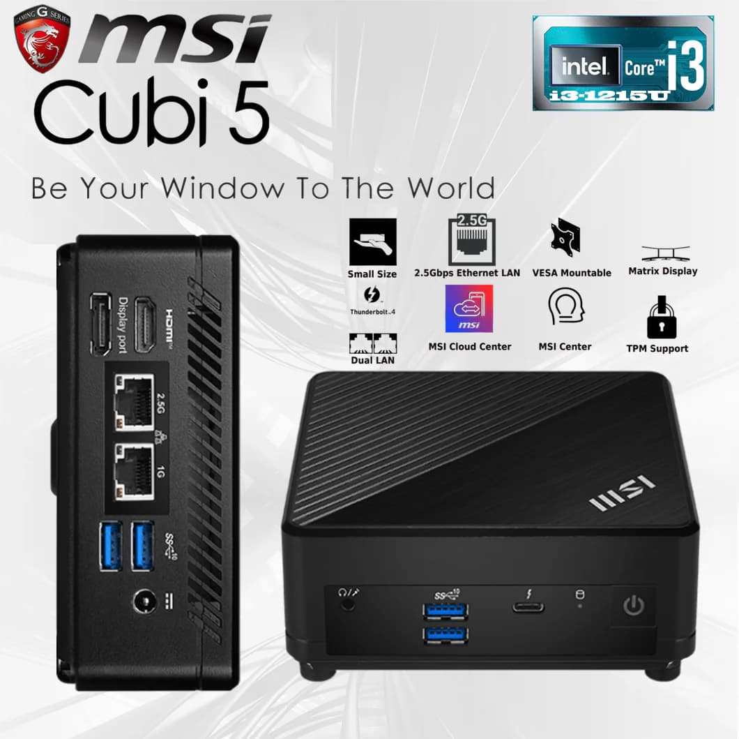 MSI Cubi 5 Mini PC With Intel Core i3-1215U, Thunderbolt 4, Dual Display Support, WiFi 6E, Bluetooth 5.2, USB 3.2 Gen 2