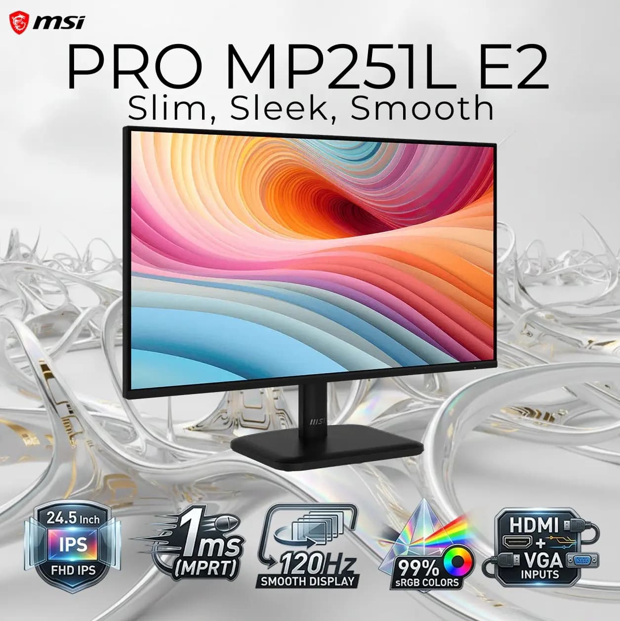 MSI PRO MP251L E2 24.5 Inch FHD IPS Monitor, 120Hz, 1ms, Adaptive Sync, 99% sRGB, Eye Care, Anti Flicker, VESA Mountable