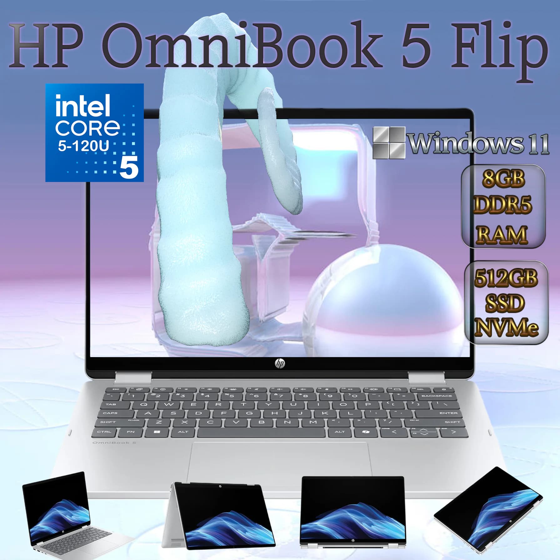 HP OmniBook 5 Flip Intel Core 5 120U | 8GB DDR5 , 512GB NVMe SSD | 14-inch 2K IPS TouchScreen | Intel Graphics | Backlit Keyboard