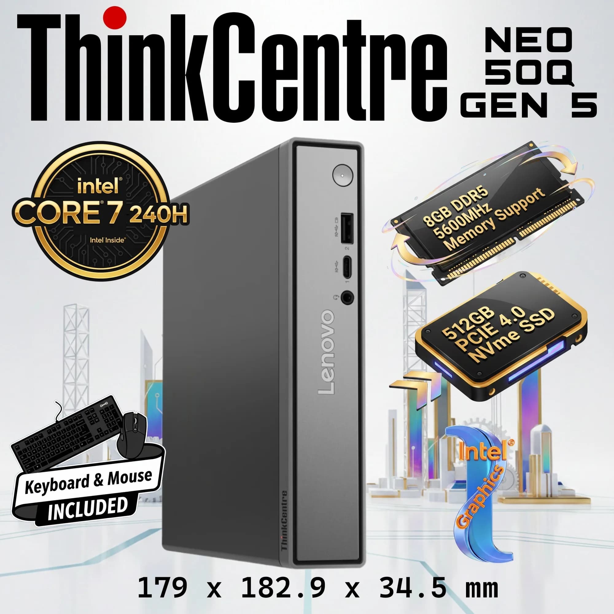 Lenovo ThinkCentre Neo 50q Gen 5 Tiny PC: Intel Core 7 240H | 8GB DDR5 RAM , 512GB SSD NVMe | Intel Graphics | DOS