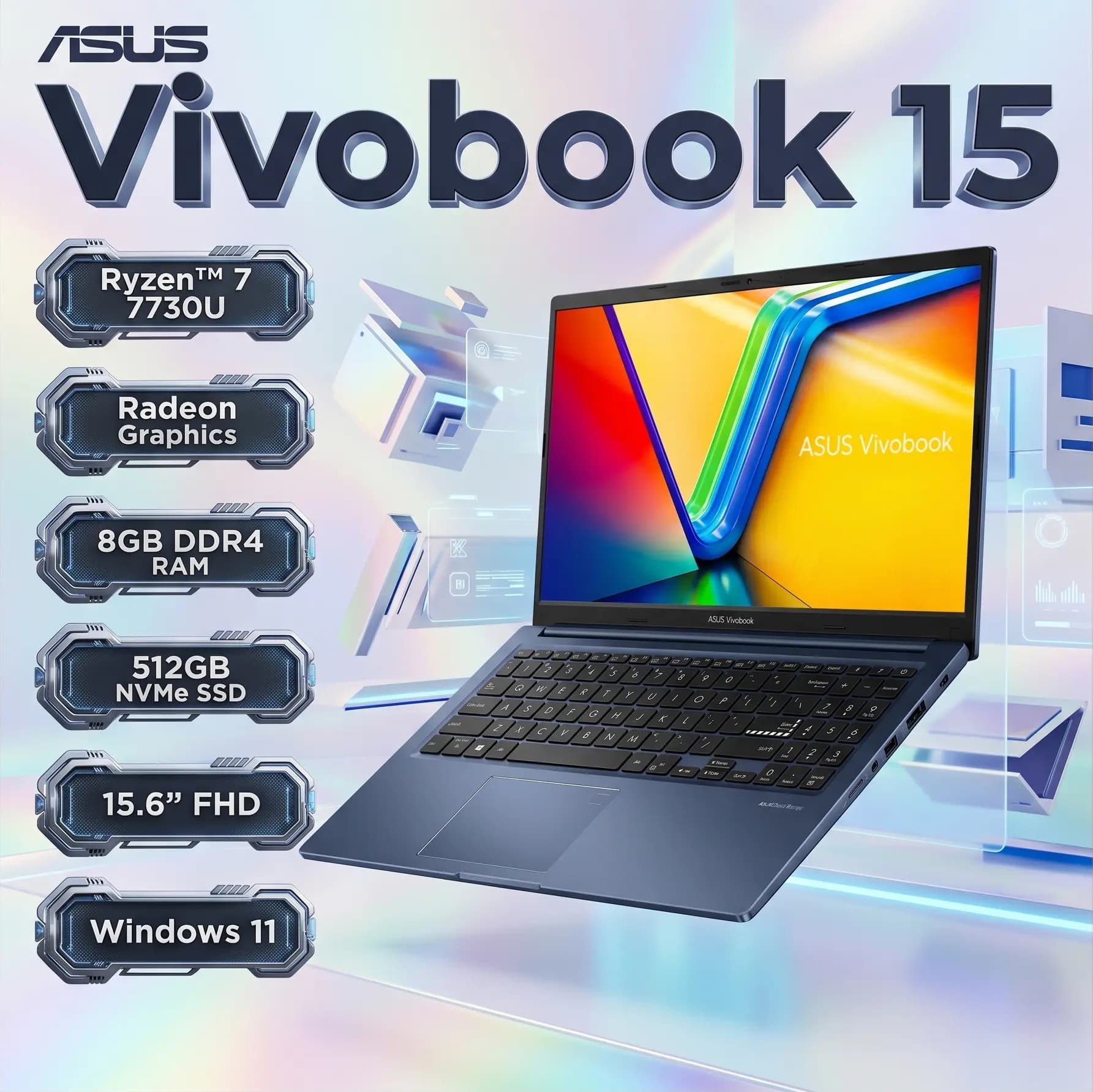 ASUS Vivobook 15 AMD Ryzen 7 7730U Processor | 8GB DDR4 RAM, 512GB NVMe SSD | AMD Radeon Graphics | 15.6-inch FHD Display