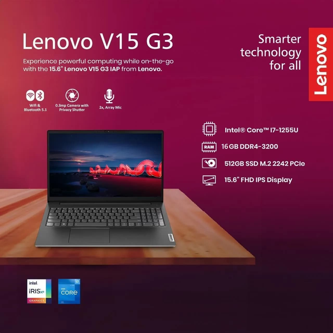 Lenovo V15 G3 IAP 82TTA0AAIN Business Laptop, Intel Core i7-1255U, 16GB RAM, 512GB PCIe SSD, 15.6″ FHD Anti-Glare
