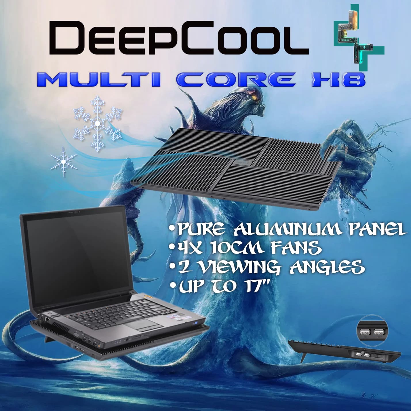 DeepCool MULTI CORE X8 Laptop Cooler With 4×100mm Fans, Aluminum Panel, Multi-Core Control, 53.4 CFM, 23 dB, USB Hub, Anti-Slip...