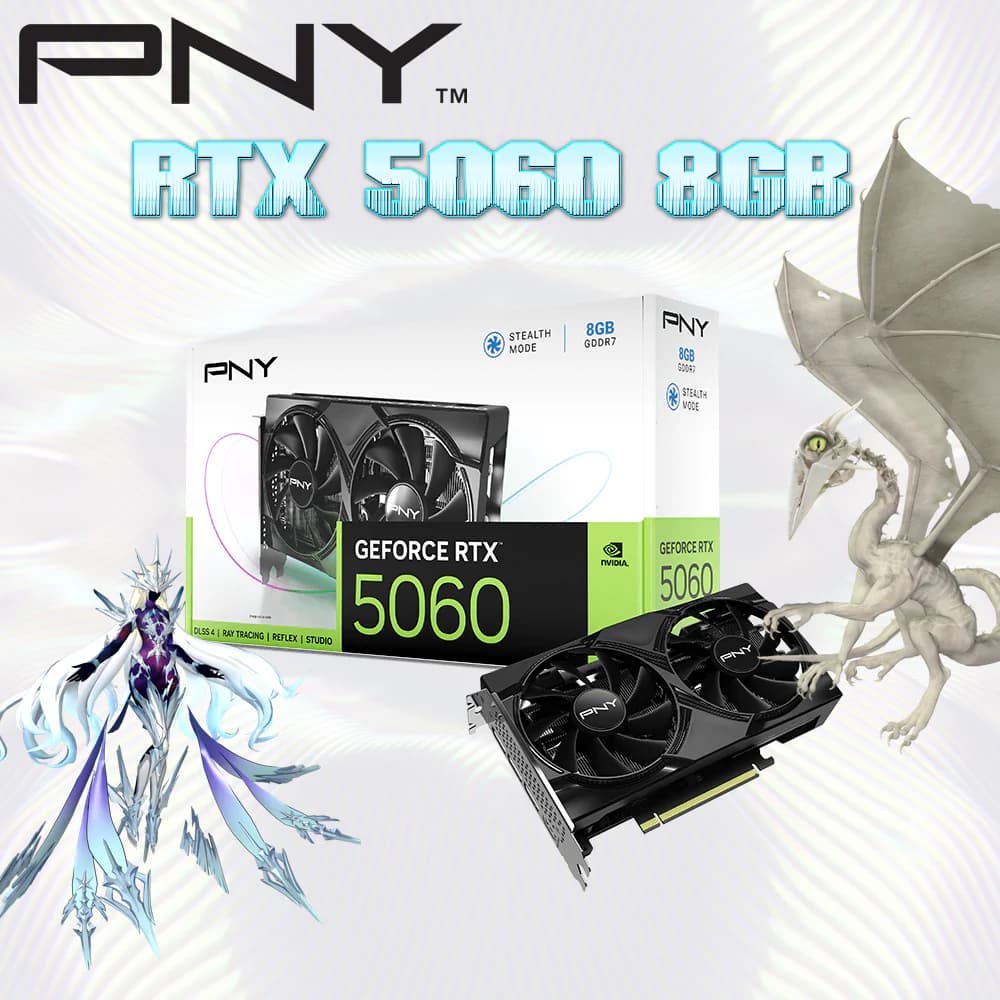PNY GeForce RTX 5060 8GB Dual Fan Graphics Card With NVIDIA Blackwell, DLSS 4, 3840 CUDA Cores, GDDR7 8GB, PCIe Gen 5, 4K/8K