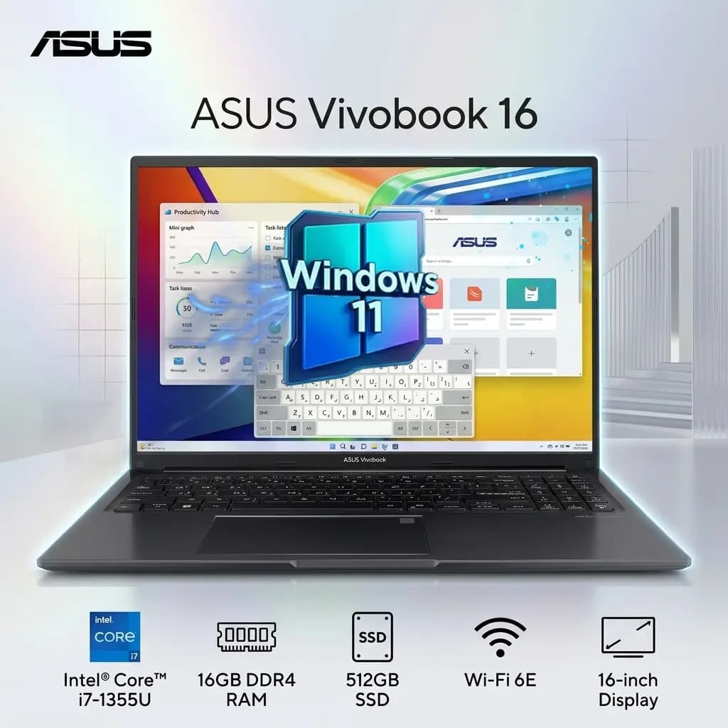 ASUS Vivobook 16: Intel Core i7-1355U | 16GB DDR4 RAM; 512GB SSD NVMe | Intel Iris Xᵉ Graphics | 16.0-inch FHD IPS Display