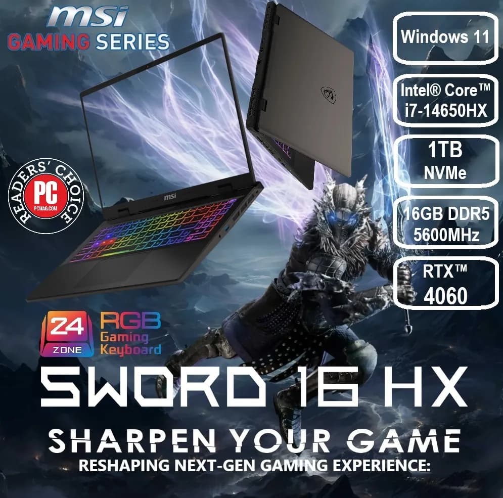 MSI SWORD 16 HX B14VFKG-202US Intel Core i7-14650HX | 16GB DDR5 RAM; 1TB NVMe SSD | RTX 4060; 8GB