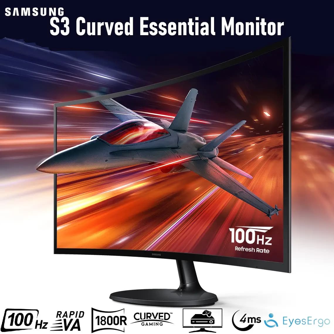 SAMSUNG S3 Curved Monitor 24-Inch 1800R With 100Hz Refresh Rate, 4ms, Eye Saver Mode, Game Mode, TÜV Certification