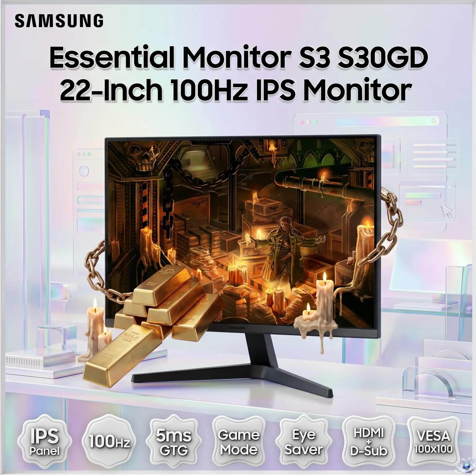 Samsung 22-inch Essential Monitor S3 S30GD, Full HD IPS, 100Hz, 5ms GTG, Game Mode, Eye Saver, Flicker Free, HDMI, D-Sub