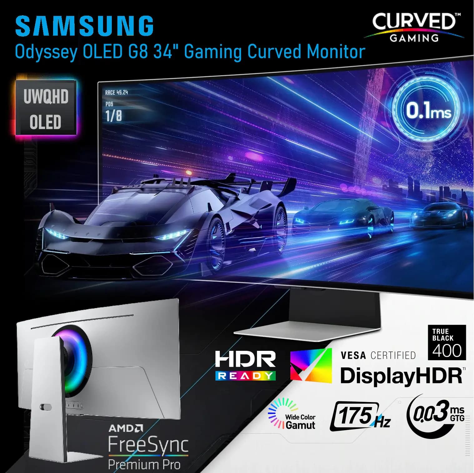SAMSUNG 34″ Odyssey OLED G8 G85SB UWQHD 175Hz Gaming Monitor, 0.3ms Response Time, Smart TV Integration, USB Type-C