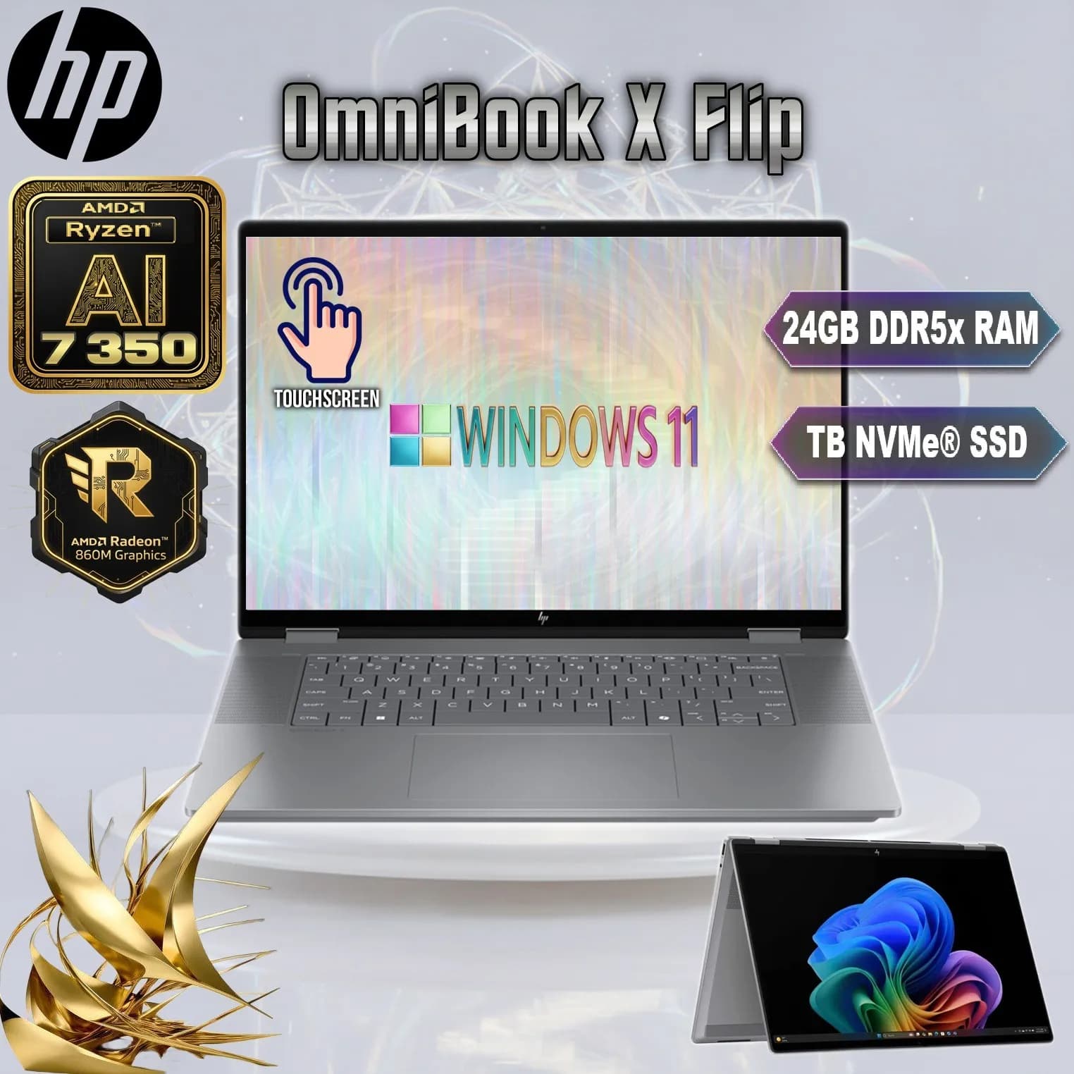 HP OmniBook X Flip AI PC : AMD Ryzen AI 7 350 | 24GB DDR5x RAM , 1TB NVMe SSD | 14-inch 2K IPS TouchScreen Display
