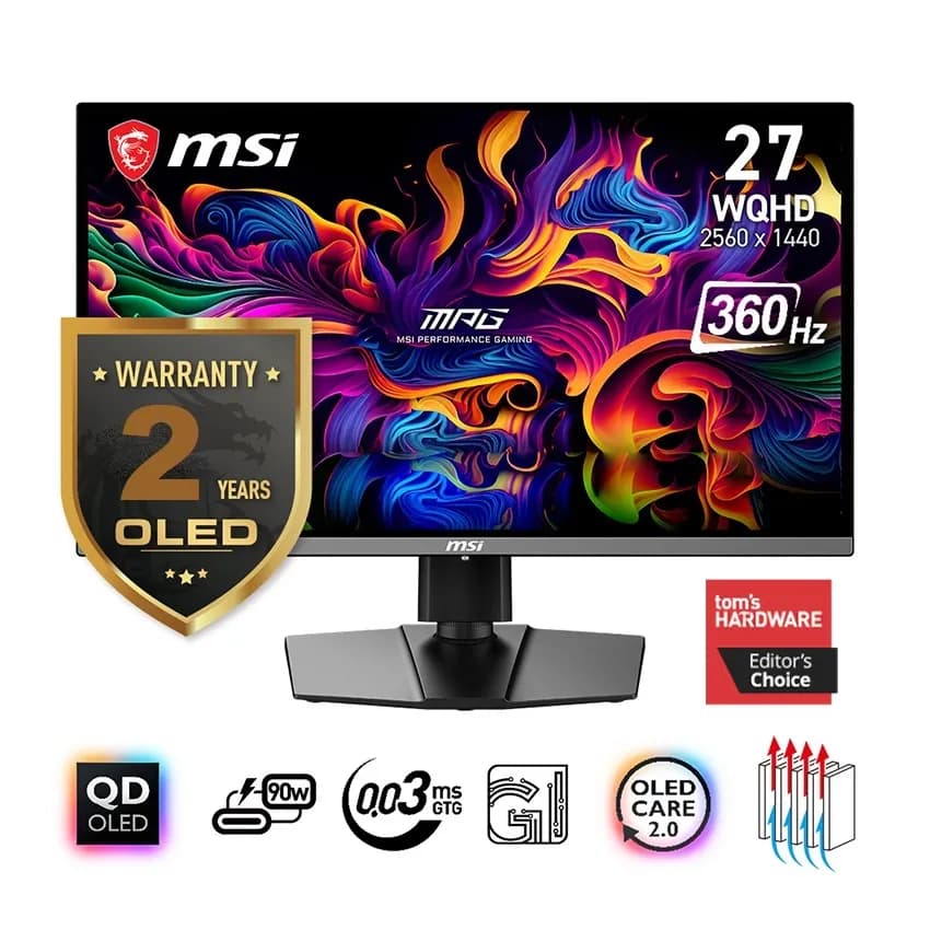 MSI MPG 271QRX QD-OLED 27 Inch Gaming Monitor, 360Hz 0.03ms, WQHD 2560 x 1440, Height Adjustable Arm + Swivel + Tilt, RGB, AI