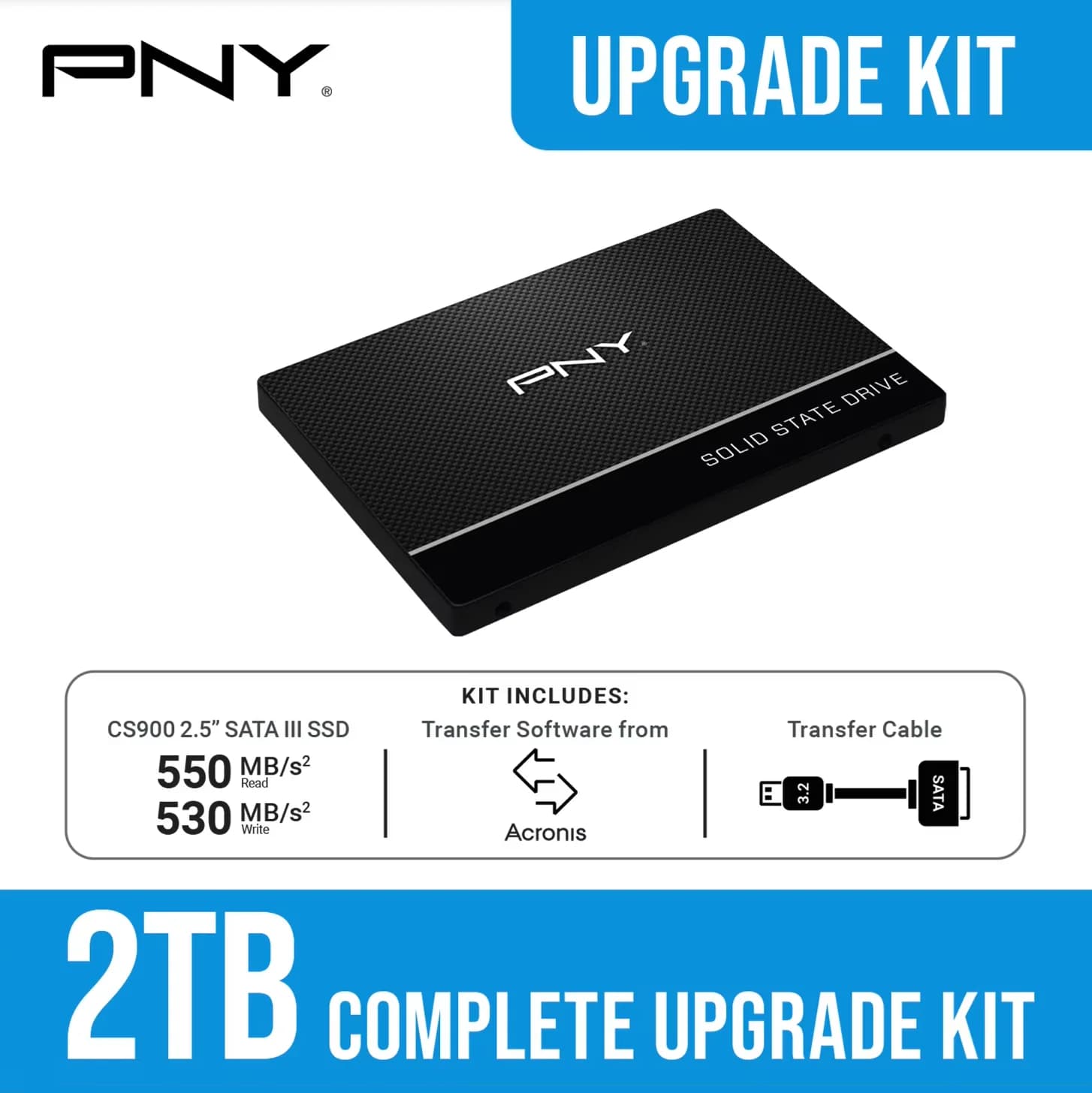 PNY CS900 2TB 2.5” SATA-III SSD Complete Upgrade Kit With 550MB/s Read, 530MB/s Write, USB 3.0 To SATA Transfer Cable, Acronis...