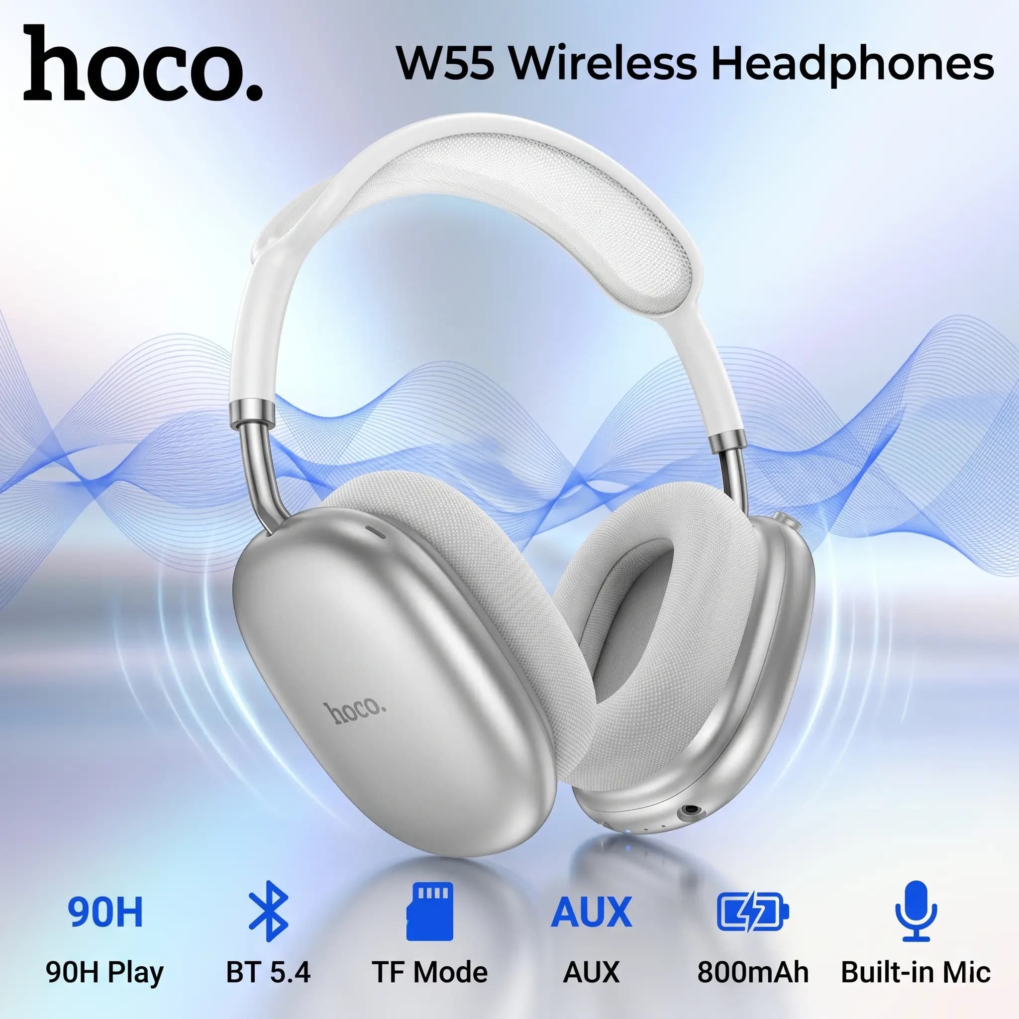 HOCO W55 Wireless Bluetooth 5.4 Headphones, 90H Battery, 800mAh, 40mm Drivers, TF Card, AUX, Built-In Mic, Closed Design