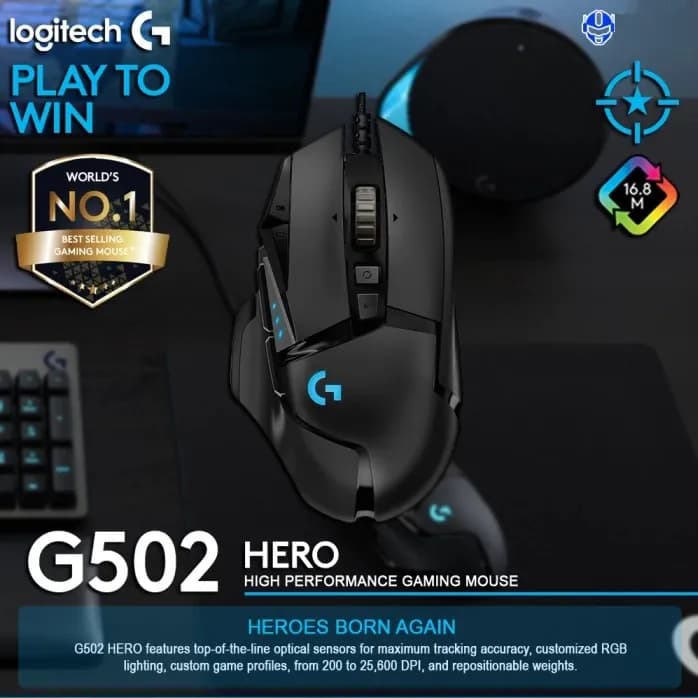 Logitech G502 HERO High Performance Wired Gaming Mouse, HERO 25K Sensor, 25,600 DPI, RGB, Adjustable Weights