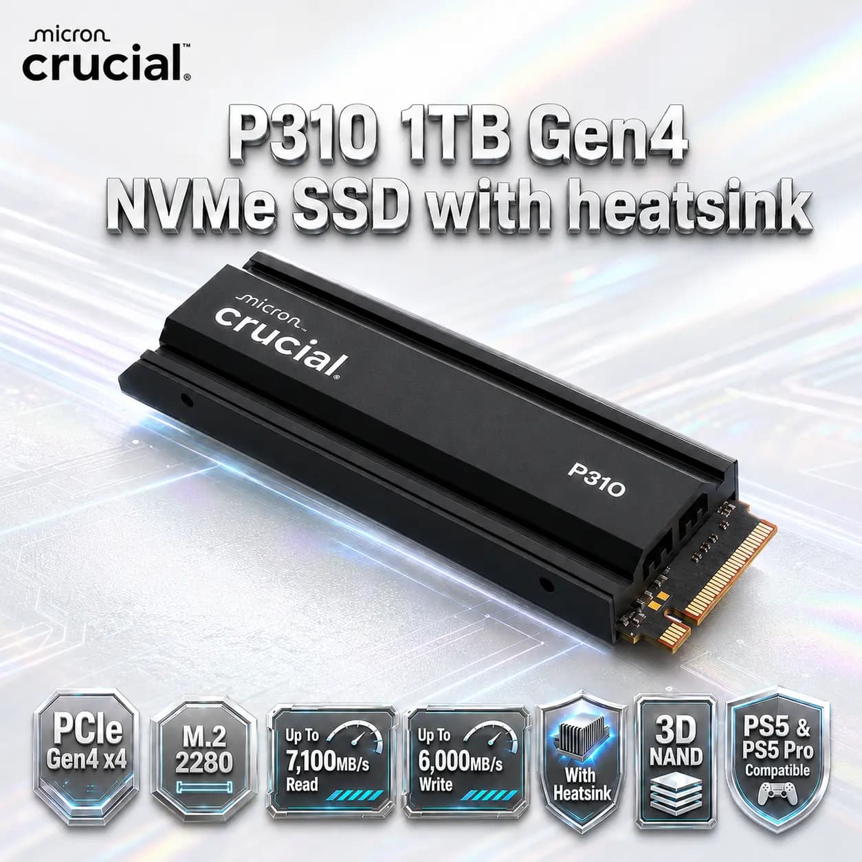 Crucial P310 1TB PCIe Gen4 NVMe M.2 2280 SSD With Heatsink, Up To 7,100MB/s Read, 6,000MB/s Write, PS5 & PC Compatible