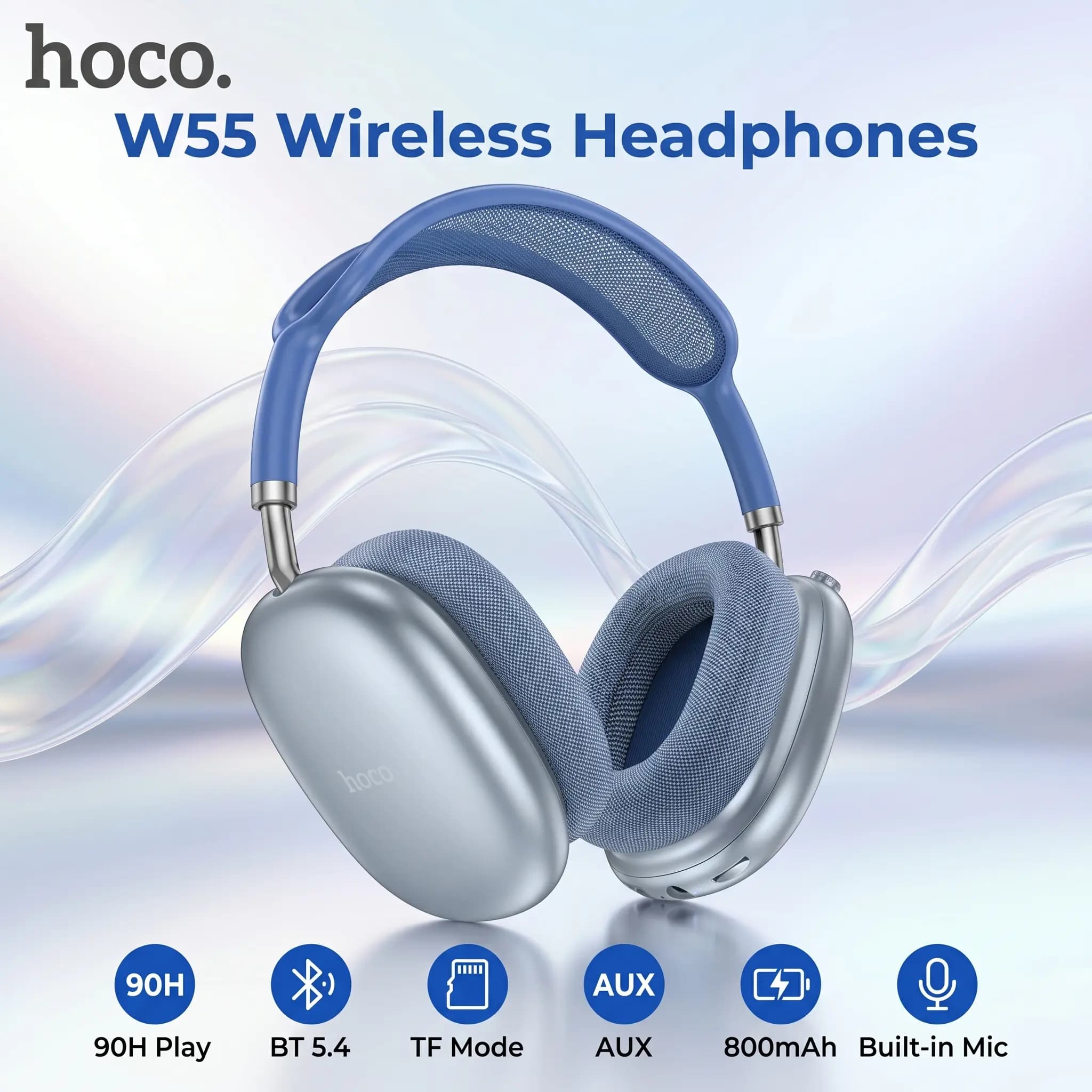 HOCO W55 Wireless Bluetooth 5.4 Headphones, 90H Battery, 800mAh, 40mm Drivers, TF Card, AUX, Built-In Mic, Closed Design