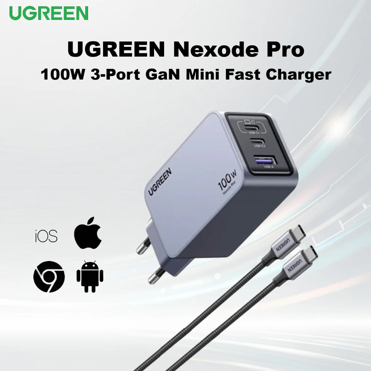 UGREEN Nexode Pro 100W USB C Charger, 3-Port GaN Compact Fast PPS Wall Charger for MacBook , iOS, Android , Pixel 9/8, Steam Deck…