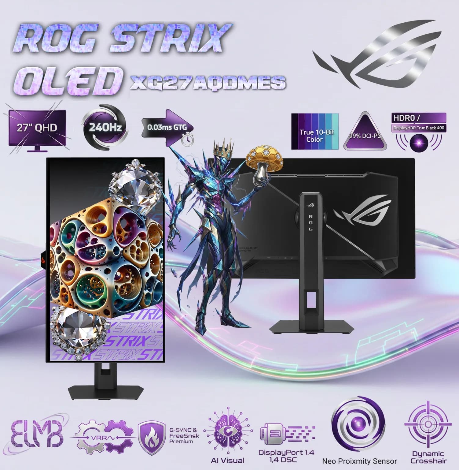ROG Strix OLED XG27AQDMES 27-Inch QHD QD-OLED Monitor 240Hz 0.03ms, HDR10 / DisplayHDR True Black 400, 99% DCI-P3