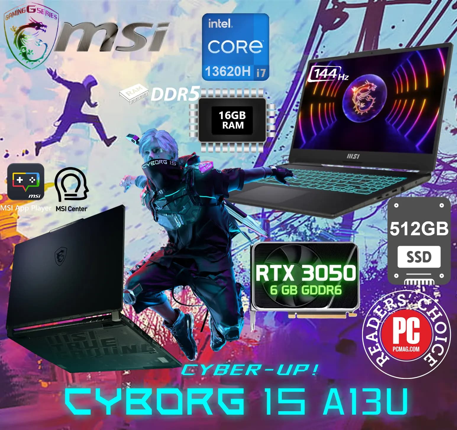 MSI Cyborg 15 A13UDX | Core i7 -13620H | 16GB DDR5 RAM, 512GB SSD | RTX 3050 6GB GDDR6 | 15.6″ FHD IPS 144Hz | DOS