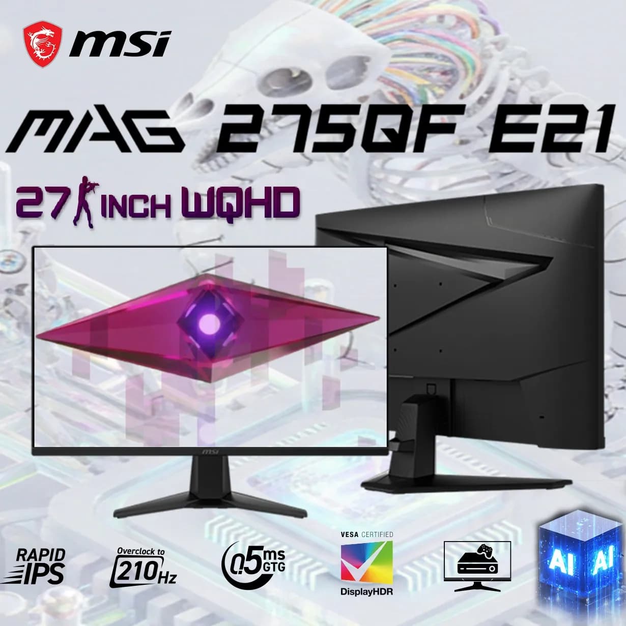 MSI MAG 275QF E21 WQHD 27-inch Rapid IPS Monitor, 210Hz(OC) 0.5ms (GtG, Min.), DisplayHDR 400, AI Vision, Console Mode, AI