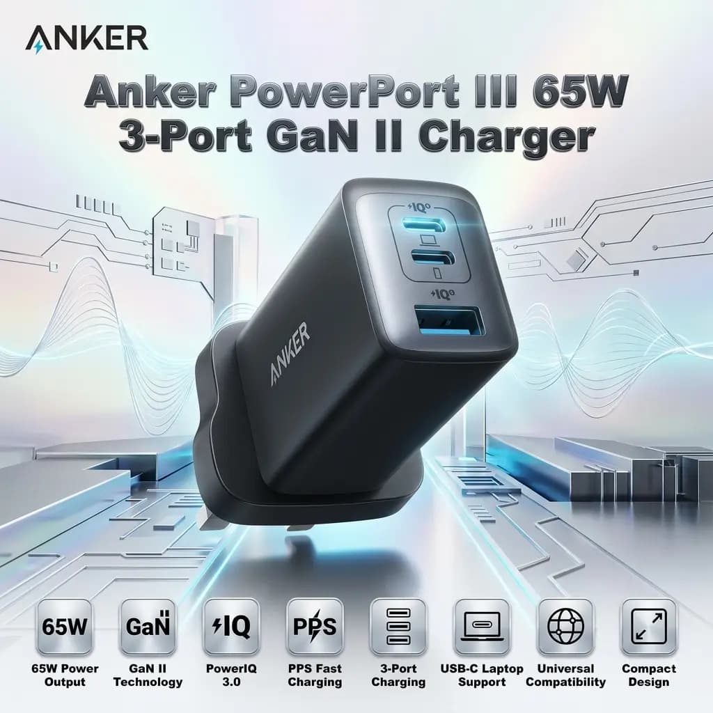 Anker PowerPort III 65W 3-Port GaN II Wall Charger, USB-C Fast Charging, PowerIQ 3.0, PPS Samsung Super Fast Charge